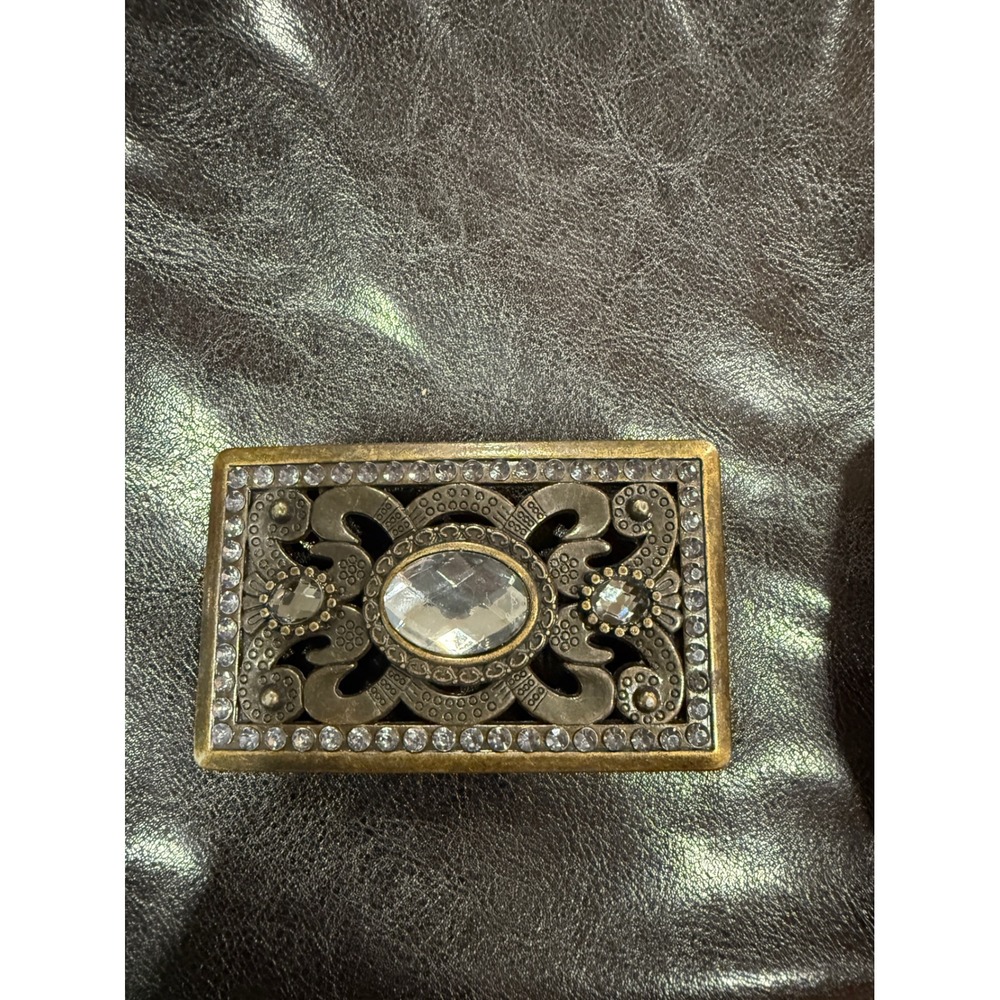 Antique Brass Filigree Belt Buckle with Large‎ Crystal and Rhinestone Accents